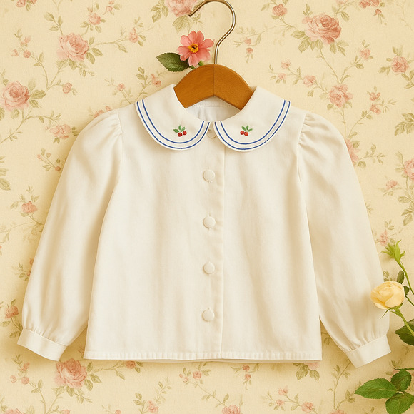 Plum Pudding Ltd. Girls Vintage Blouse | 1980s Apple Embroidered Collar | Size 6 - Picture 1 of 8
